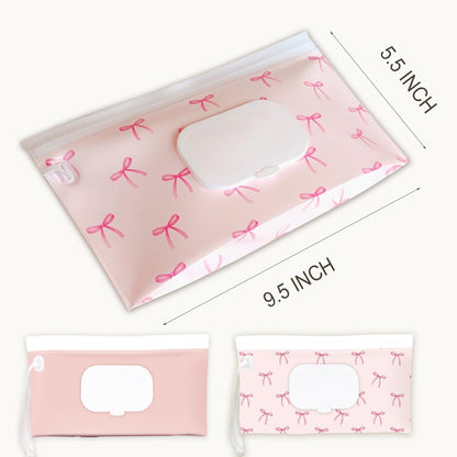 Wipe Dispenser and Wipes Container, 2 Pack Reusable Wipes Holder and Travel Wipes Case, Refillable Pouch for Baby Essentials, blush& bow Design (Blush)