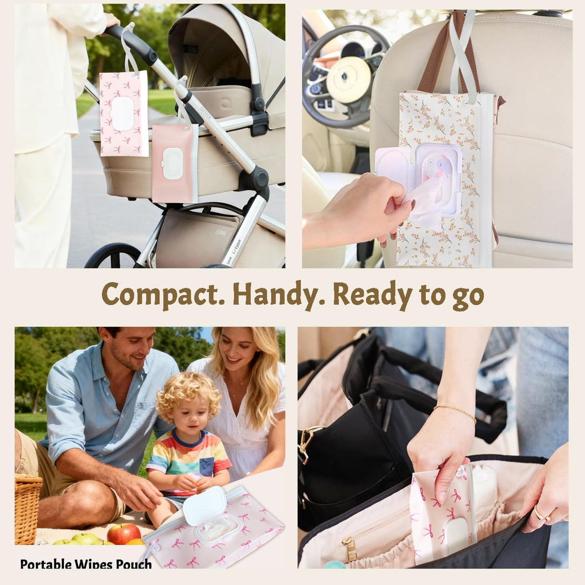Wipe Dispenser and Wipes Container, 2 Pack Reusable Wipes Holder and Travel Wipes Case, Refillable Pouch for Baby Essentials, blush& bow Design (Blush)