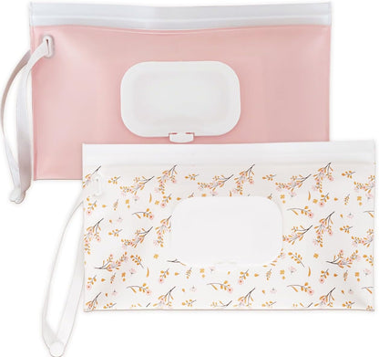 Wipe Dispenser and Wipes Container, 2 Pack Reusable Wipes Holder and Travel Wipes Case, Refillable Pouch for Baby Essentials, blush& bow Design (Blush)
