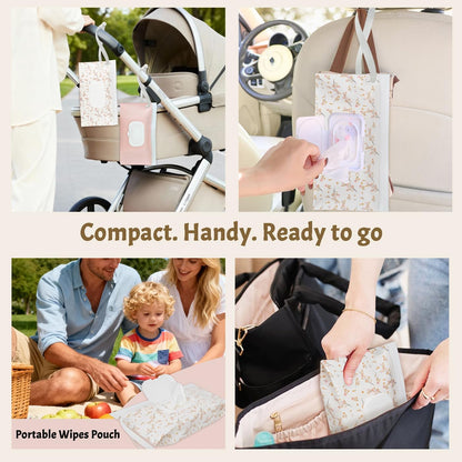 Wipe Dispenser and Wipes Container, 2 Pack Reusable Wipes Holder and Travel Wipes Case, Refillable Pouch for Baby Essentials, blush& bow Design (Blush)