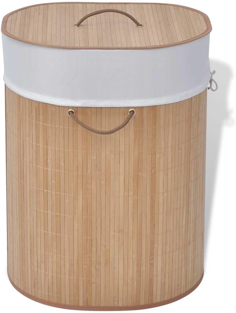 Oval Bamboo Laundry Bin with Removable Liner, Foldable Clothes Hamper with Handles for Bedroom, Bathroom, or Kids Toy Storage