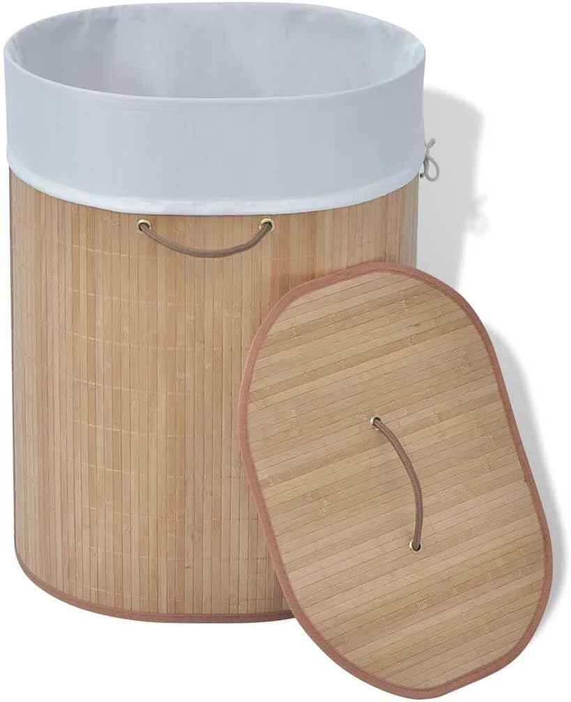 Oval Bamboo Laundry Bin with Removable Liner, Foldable Clothes Hamper with Handles for Bedroom, Bathroom, or Kids Toy Storage