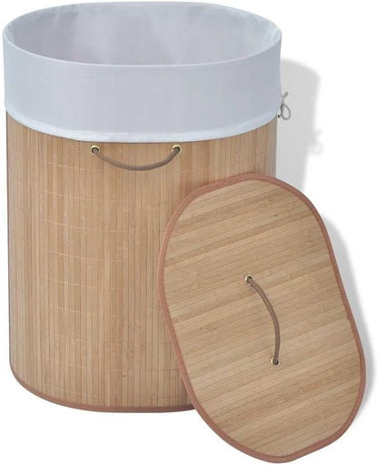 Oval Bamboo Laundry Bin with Removable Liner, Foldable Clothes Hamper with Handles for Bedroom, Bathroom, or Kids Toy Storage