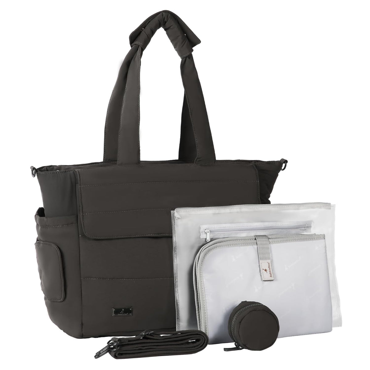 Flo Tote Diaper Bag, 14-Pocket Cloud-Soft Puffer Newborn Bag for Parents, 14-Inch Laptop Sleeve, 3 Insulated Bottle Slots, Wet Pouch, Luggage Strap, Changing mat, Hidden Pocket, Charcoal