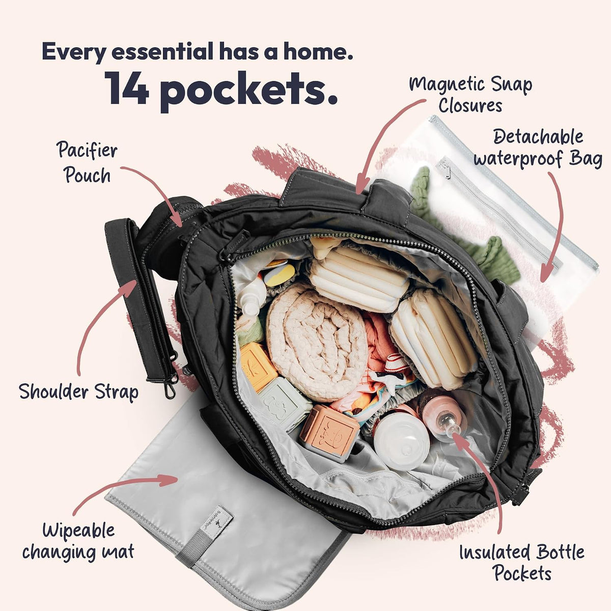 Flo Tote Diaper Bag, 14-Pocket Cloud-Soft Puffer Newborn Bag for Parents, 14-Inch Laptop Sleeve, 3 Insulated Bottle Slots, Wet Pouch, Luggage Strap, Changing mat, Hidden Pocket, Charcoal
