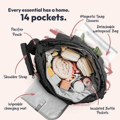 Flo Tote Diaper Bag, 14-Pocket Cloud-Soft Puffer Newborn Bag for Parents, 14-Inch Laptop Sleeve, 3 Insulated Bottle Slots, Wet Pouch, Luggage Strap, Changing mat, Hidden Pocket, Charcoal