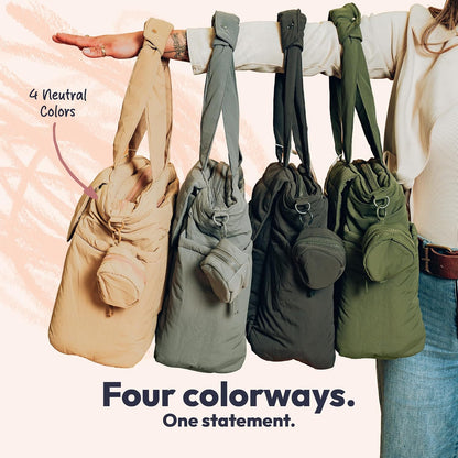 Flo Tote Diaper Bag, 14-Pocket Cloud-Soft Puffer Newborn Bag for Parents, 14-Inch Laptop Sleeve, 3 Insulated Bottle Slots, Wet Pouch, Luggage Strap, Changing mat, Hidden Pocket, Charcoal