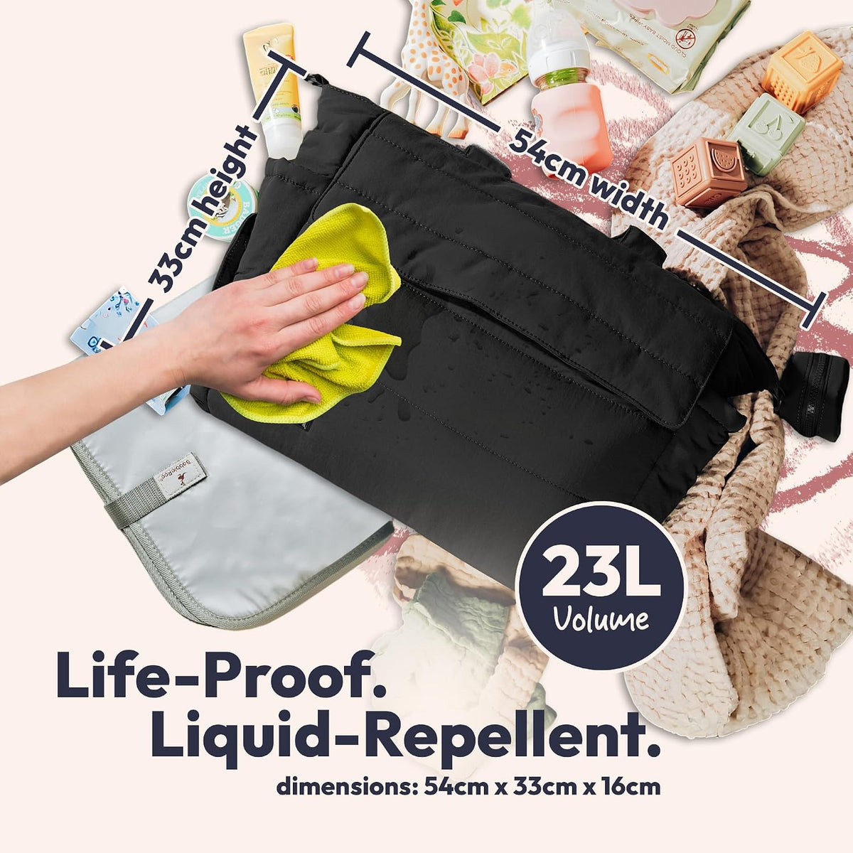 Flo Tote Diaper Bag, 14-Pocket Cloud-Soft Puffer Newborn Bag for Parents, 14-Inch Laptop Sleeve, 3 Insulated Bottle Slots, Wet Pouch, Luggage Strap, Changing mat, Hidden Pocket, Charcoal