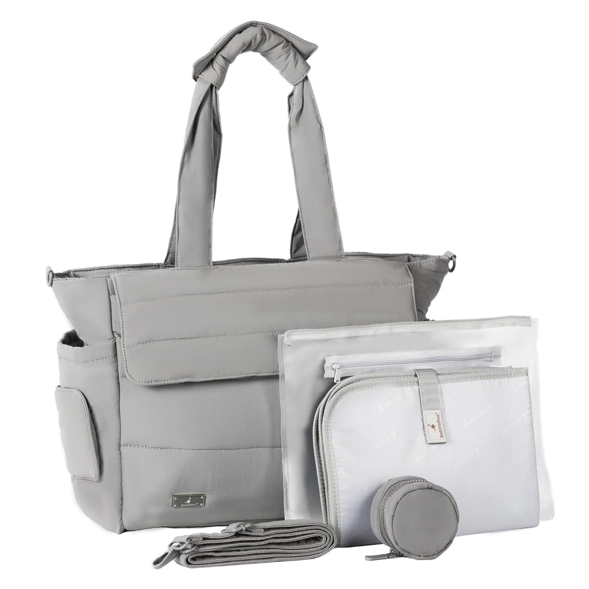 Flo Tote Diaper Bag, 14-Pocket Cloud-Soft Puffer Newborn Bag for Parents, 14-Inch Laptop Sleeve, 3 Insulated Bottle Slots, Wet Pouch, Luggage Strap, Changing mat, Hidden Pocket, Charcoal