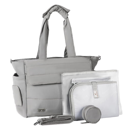 Flo Tote Diaper Bag, 14-Pocket Cloud-Soft Puffer Newborn Bag for Parents, 14-Inch Laptop Sleeve, 3 Insulated Bottle Slots, Wet Pouch, Luggage Strap, Changing mat, Hidden Pocket, Charcoal