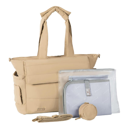 Flo Tote Diaper Bag, 14-Pocket Cloud-Soft Puffer Newborn Bag for Parents, 14-Inch Laptop Sleeve, 3 Insulated Bottle Slots, Wet Pouch, Luggage Strap, Changing mat, Hidden Pocket, Charcoal