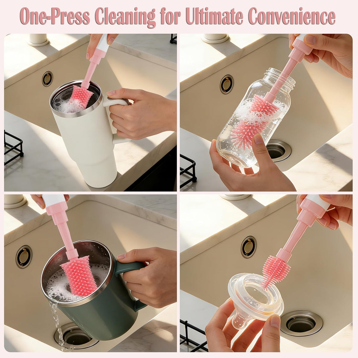 Self-Foaming Silicone Baby Bottle Brush Set Pink
