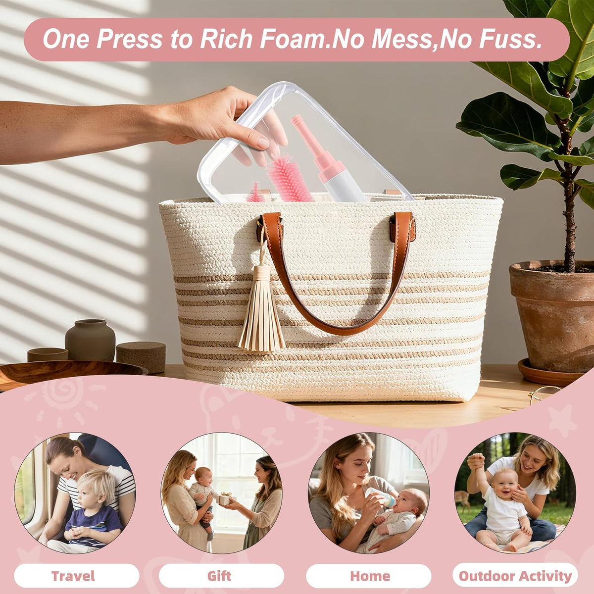 Self-Foaming Silicone Baby Bottle Brush Set Pink