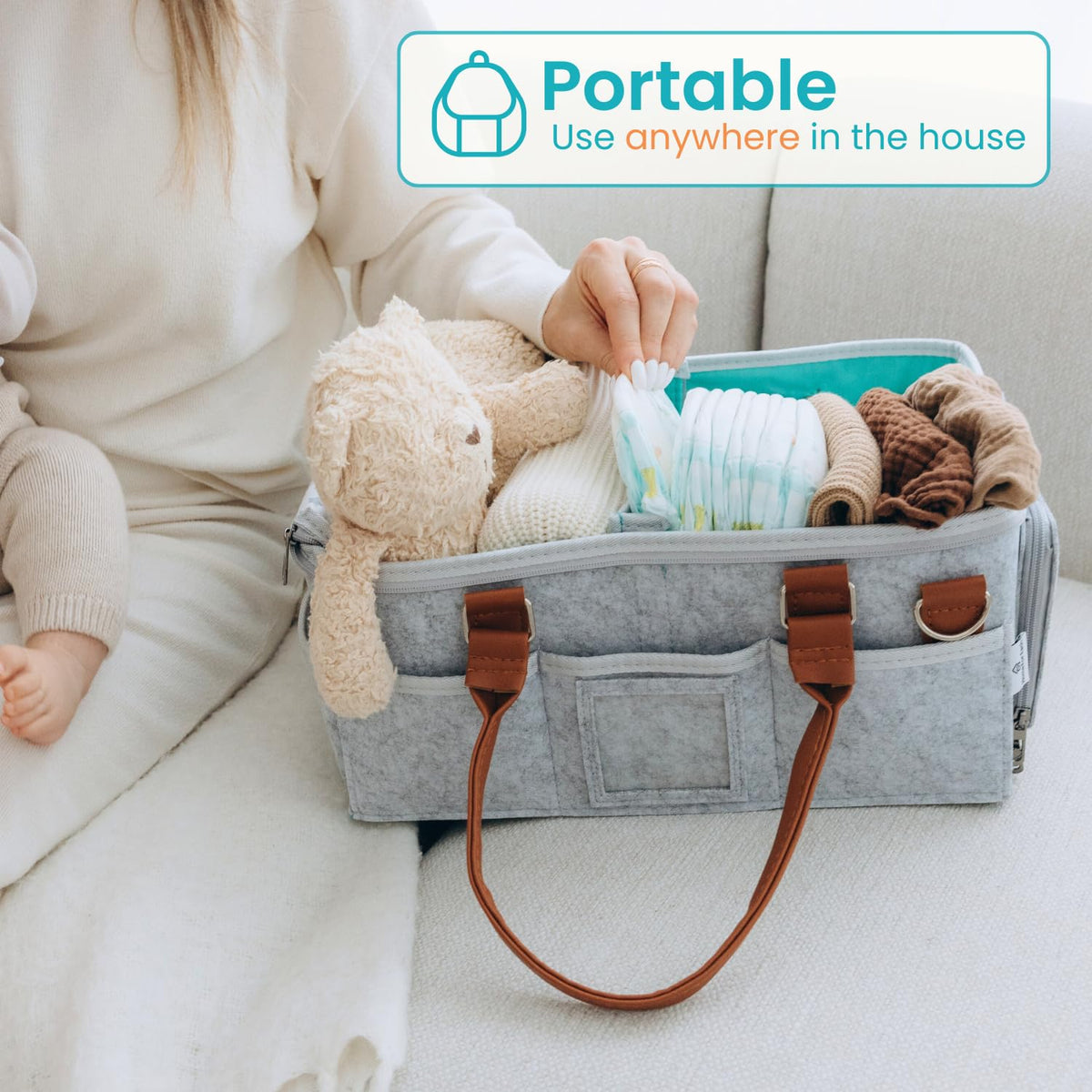 Baby Diaper Caddy With Lid, Diaper Caddy Organizer for New Mom Gifts, Newborn Essentials Must Haves, Registry for Baby, Baby Registry Search, Baby Gift Basket Baby Must Haves Travel Bag