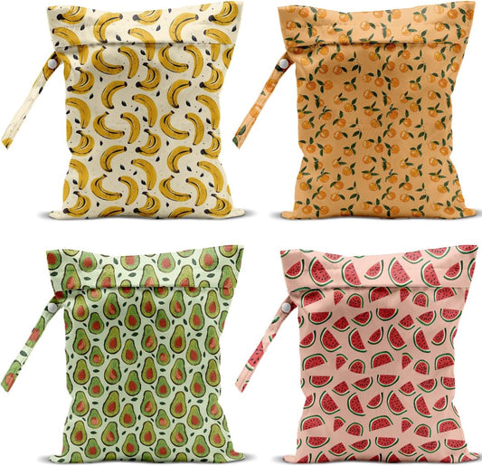 4 Pack Cute Fruit Wet Bag Waterproof Washable Reusable Wet Dry Bag for Swimsuit Dirty Clothes Cloth Diaper Travel Beach Pool Yoga Gym Toiletries Travel Beach Essentials Watermelon Avocado Banana