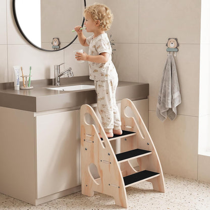 Toddler Step Stool, Wooden Height-Adjustable 3-Step Stool for Kids, Potty Training Stool with Handles and Non-Slip Pads for Bathroom Sink, Kitchen, Bedroom