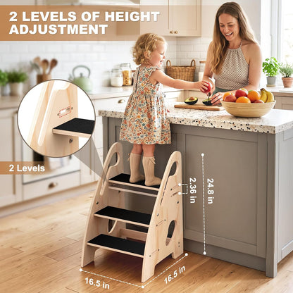 Toddler Step Stool, Wooden Height-Adjustable 3-Step Stool for Kids, Potty Training Stool with Handles and Non-Slip Pads for Bathroom Sink, Kitchen, Bedroom