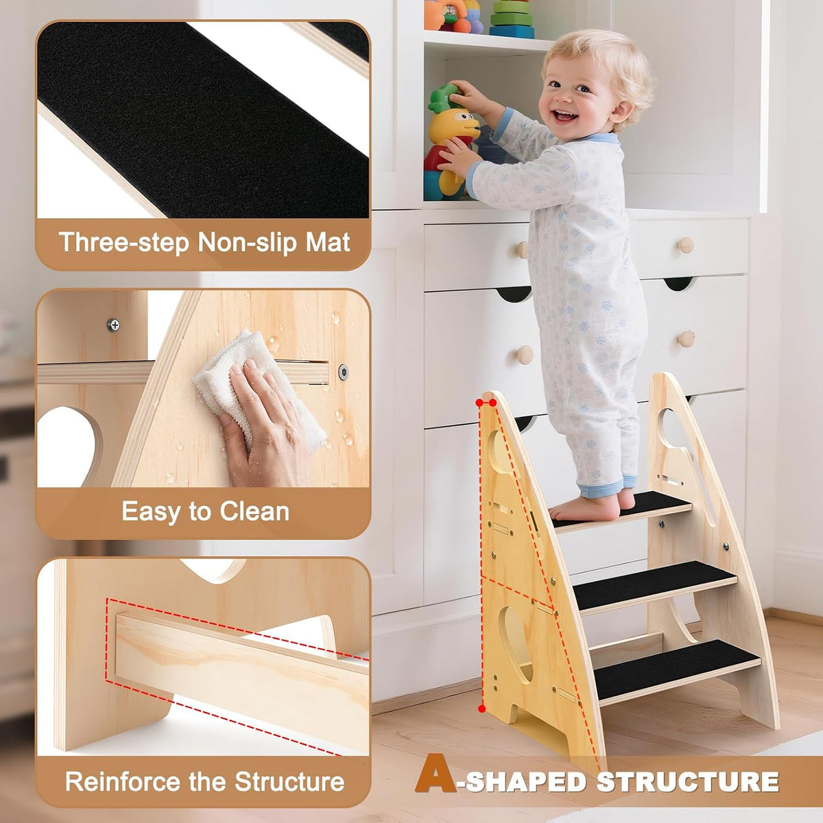 Toddler Step Stool, Wooden Height-Adjustable 3-Step Stool for Kids, Potty Training Stool with Handles and Non-Slip Pads for Bathroom Sink, Kitchen, Bedroom
