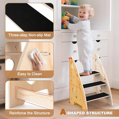 Toddler Step Stool, Wooden Height-Adjustable 3-Step Stool for Kids, Potty Training Stool with Handles and Non-Slip Pads for Bathroom Sink, Kitchen, Bedroom