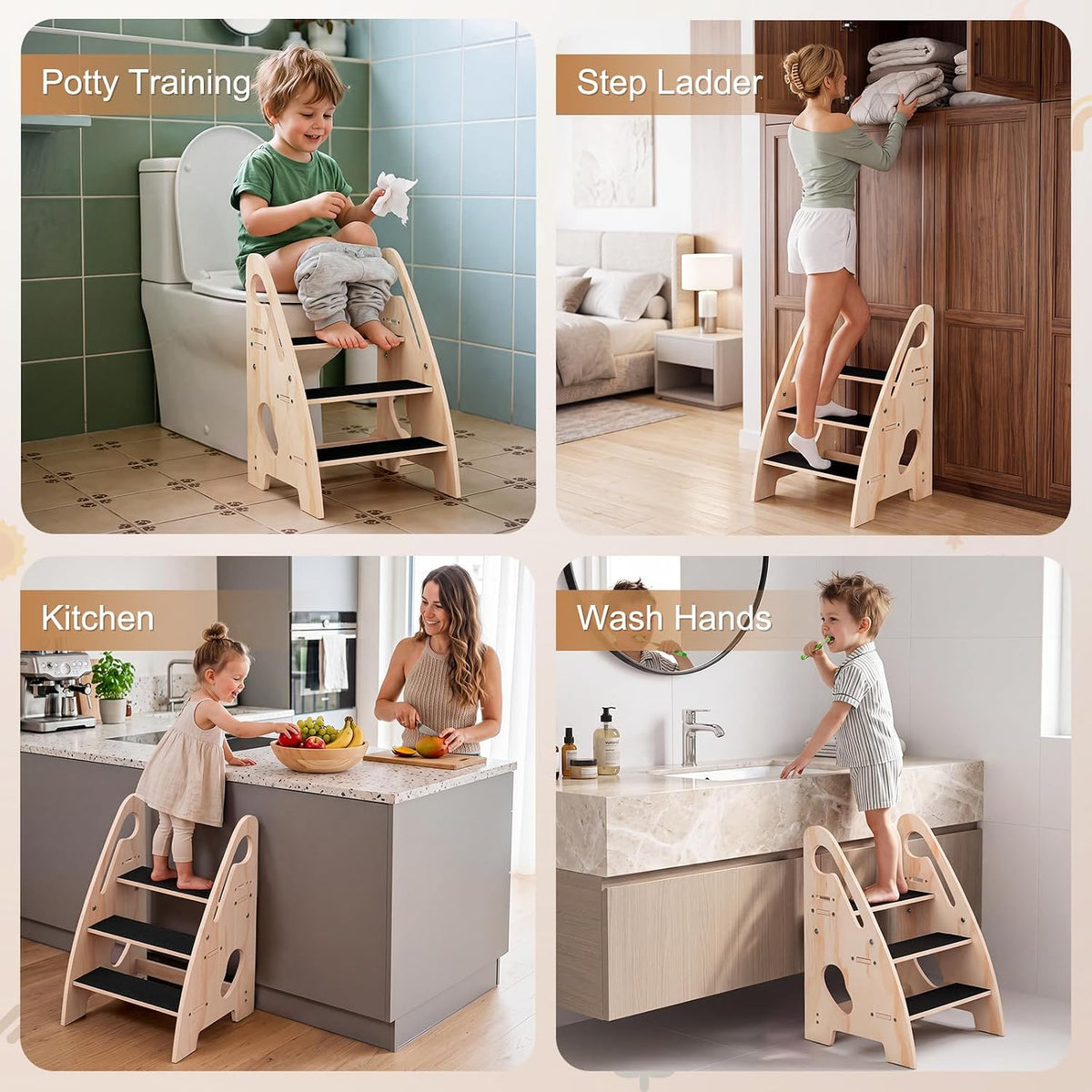 Toddler Step Stool, Wooden Height-Adjustable 3-Step Stool for Kids, Potty Training Stool with Handles and Non-Slip Pads for Bathroom Sink, Kitchen, Bedroom