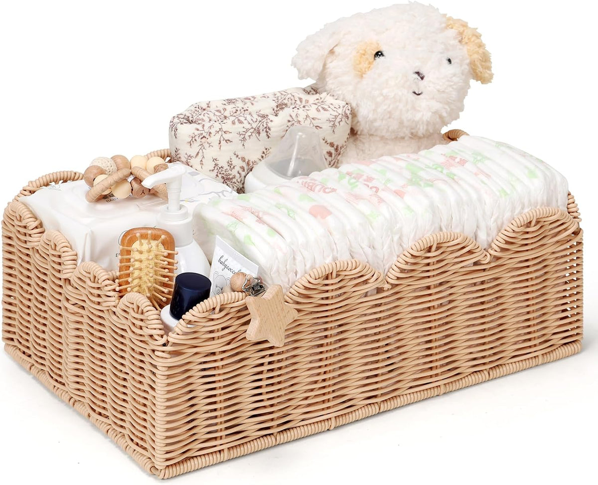 Wicker Diaper Caddy Organizer, Rattan Baby Basket, Flesh Tone, L