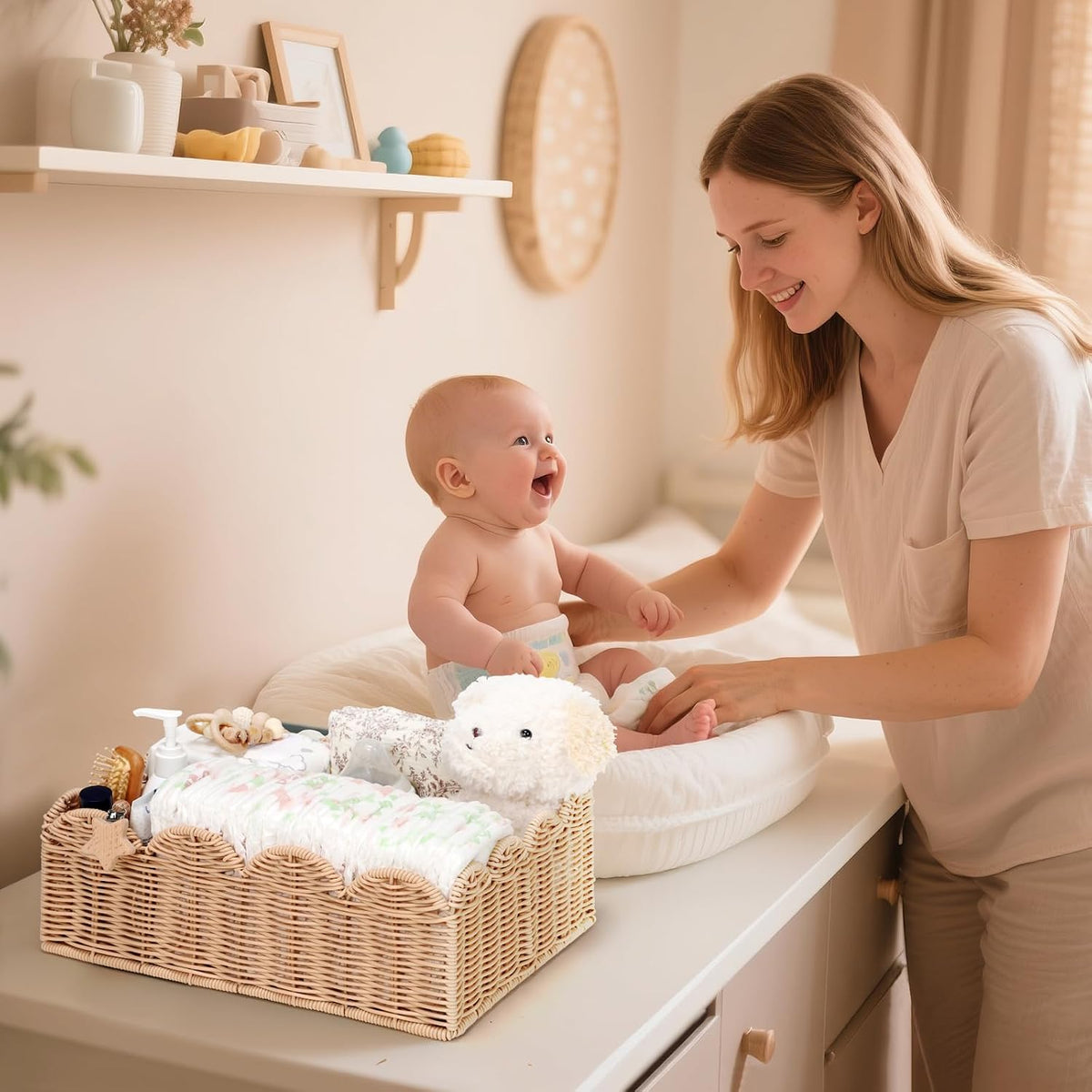 Wicker Diaper Caddy Organizer, Rattan Baby Basket, Flesh Tone, L