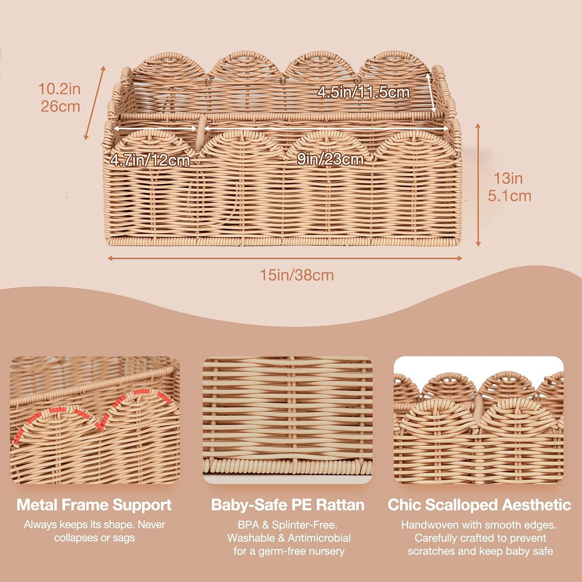 Wicker Diaper Caddy Organizer, Rattan Baby Basket, Flesh Tone, L