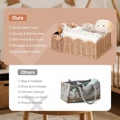 Wicker Diaper Caddy Organizer, Rattan Baby Basket, Flesh Tone, L