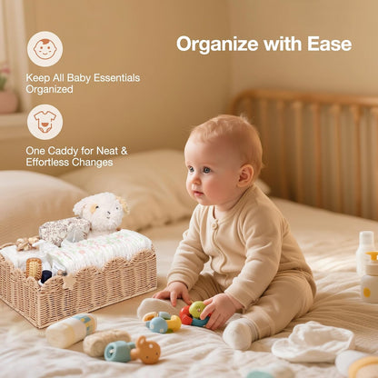 Wicker Diaper Caddy Organizer, Rattan Baby Basket, Flesh Tone, L
