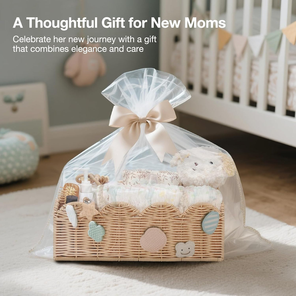Wicker Diaper Caddy Organizer, Rattan Baby Basket, Flesh Tone, L