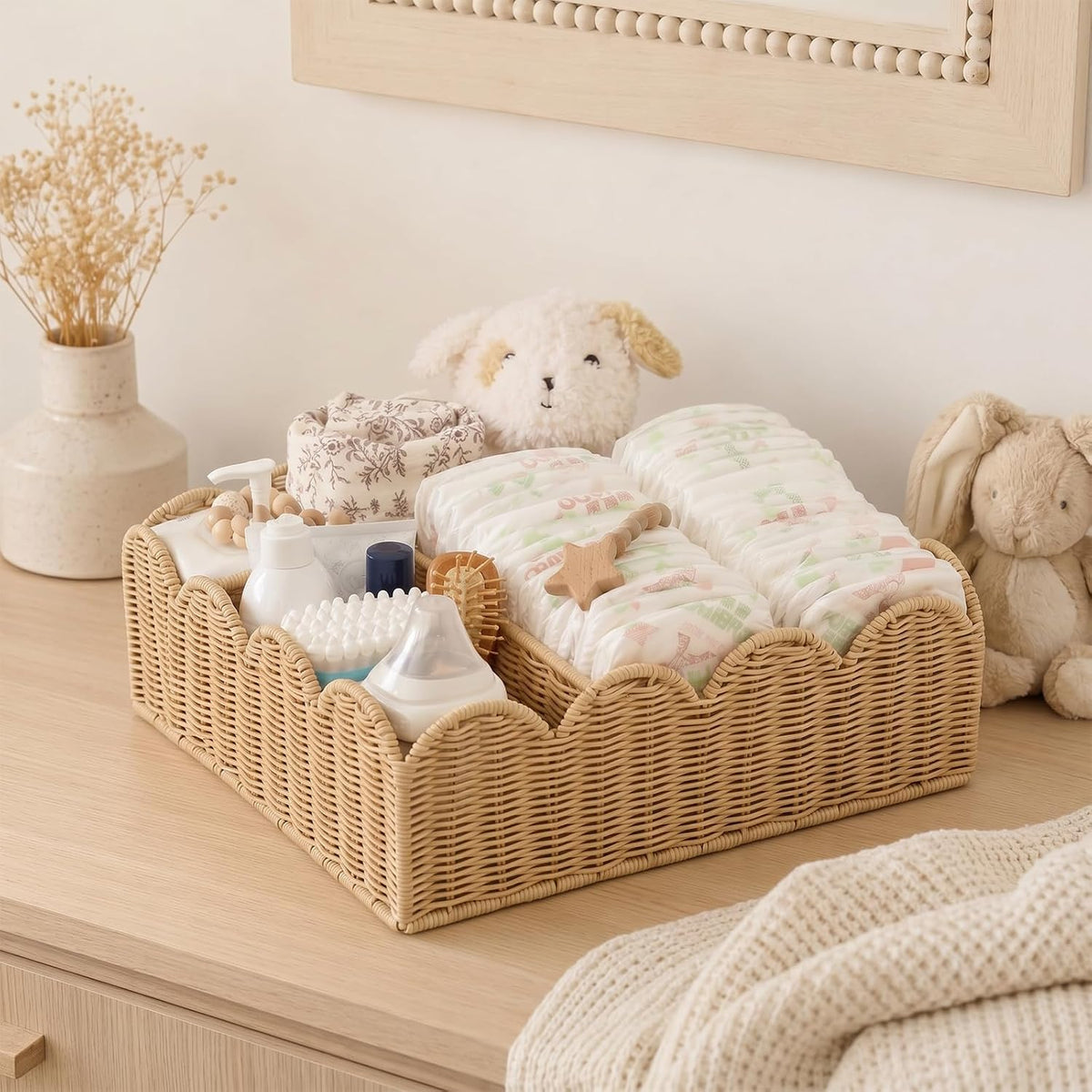 Wicker Diaper Caddy Organizer, Rattan Baby Basket, Flesh Tone, L