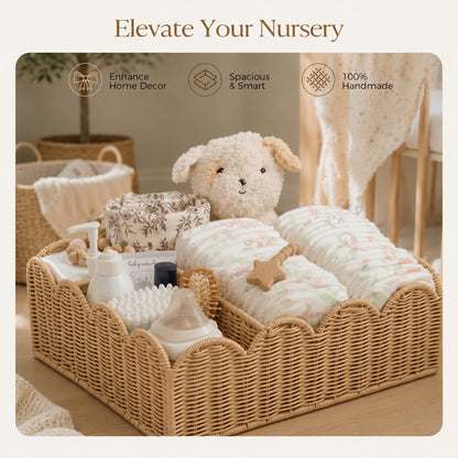 Wicker Diaper Caddy Organizer, Rattan Baby Basket, Flesh Tone, L