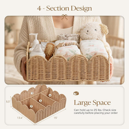 Wicker Diaper Caddy Organizer, Rattan Baby Basket, Flesh Tone, L