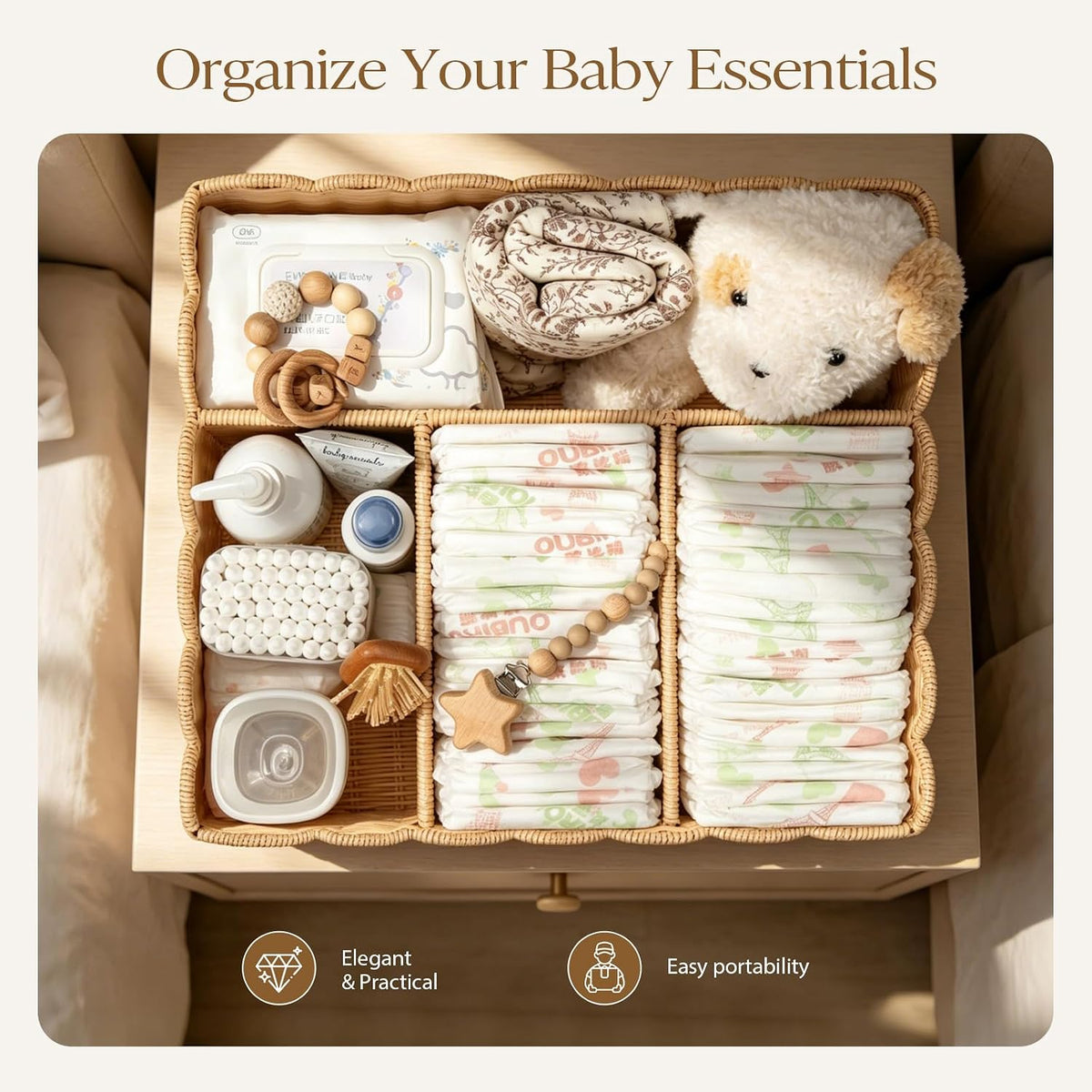 Wicker Diaper Caddy Organizer, Rattan Baby Basket, Flesh Tone, L