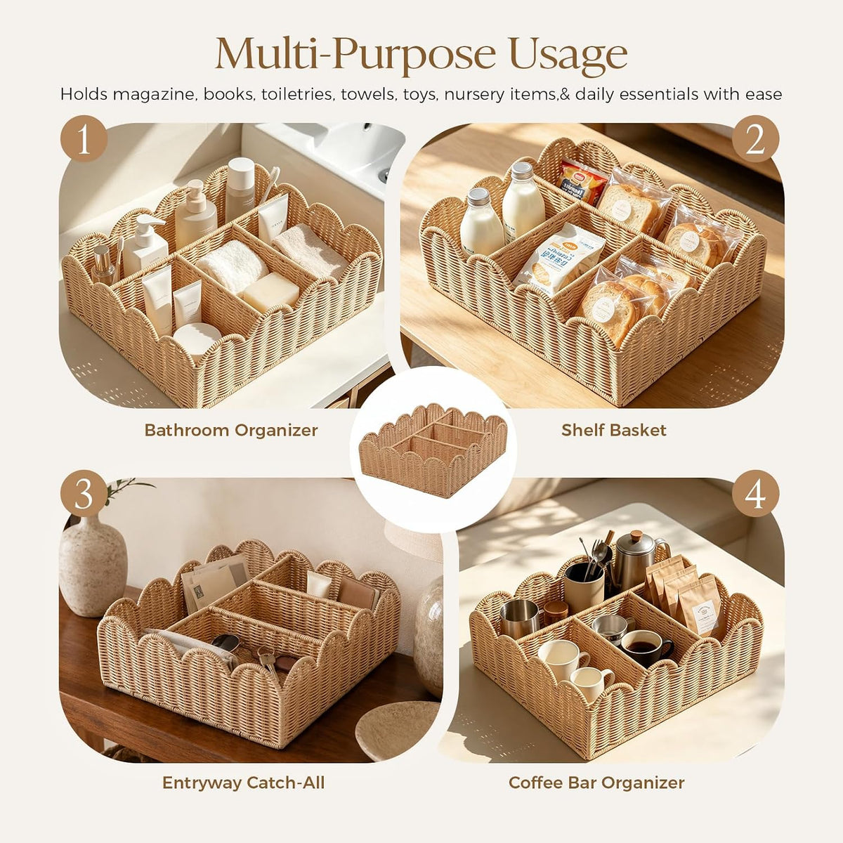 Wicker Diaper Caddy Organizer, Rattan Baby Basket, Flesh Tone, L