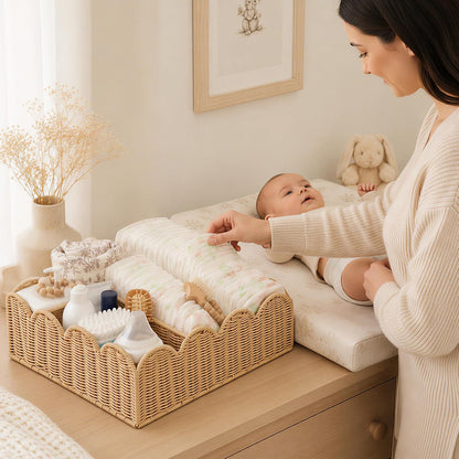 Wicker Diaper Caddy Organizer, Rattan Baby Basket, Flesh Tone, L