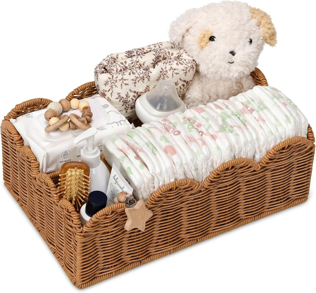 Wicker Diaper Caddy Organizer, Rattan Baby Basket, Flesh Tone, L
