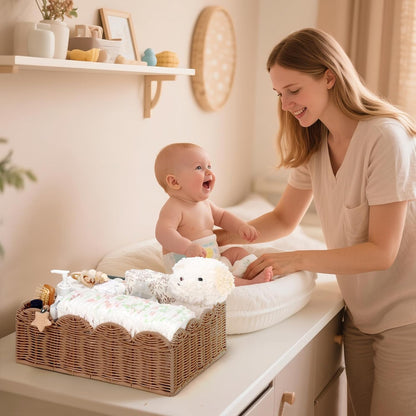 Wicker Diaper Caddy Organizer, Rattan Baby Basket, Flesh Tone, L