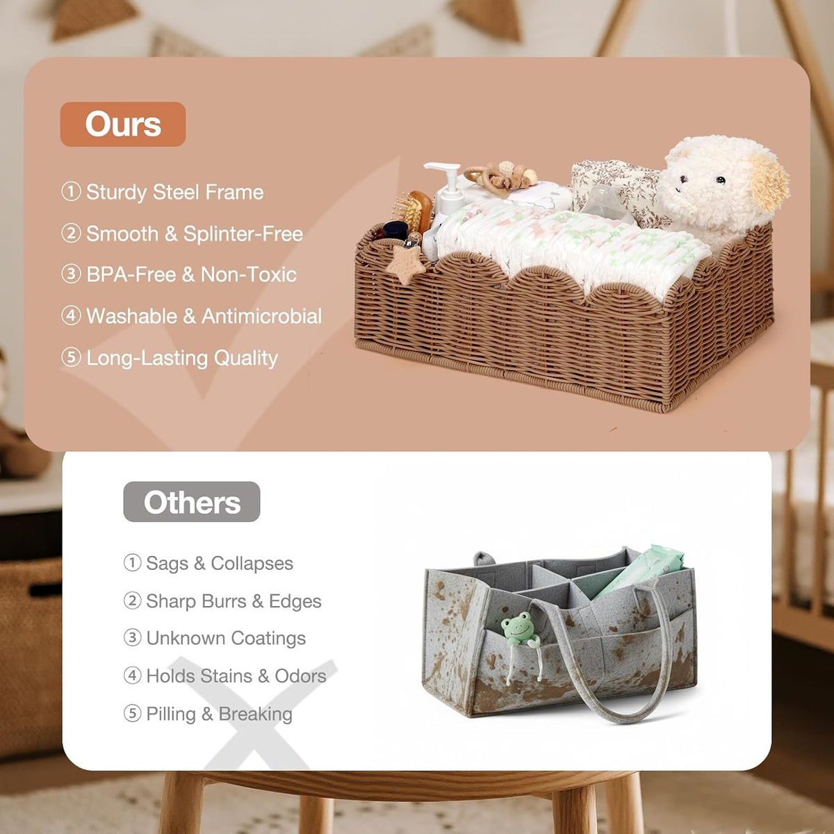 Wicker Diaper Caddy Organizer, Rattan Baby Basket, Flesh Tone, L