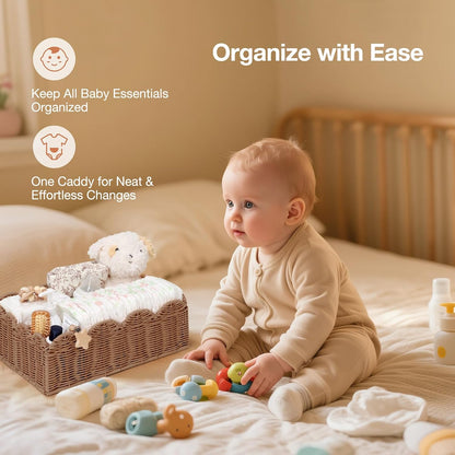Wicker Diaper Caddy Organizer, Rattan Baby Basket, Flesh Tone, L