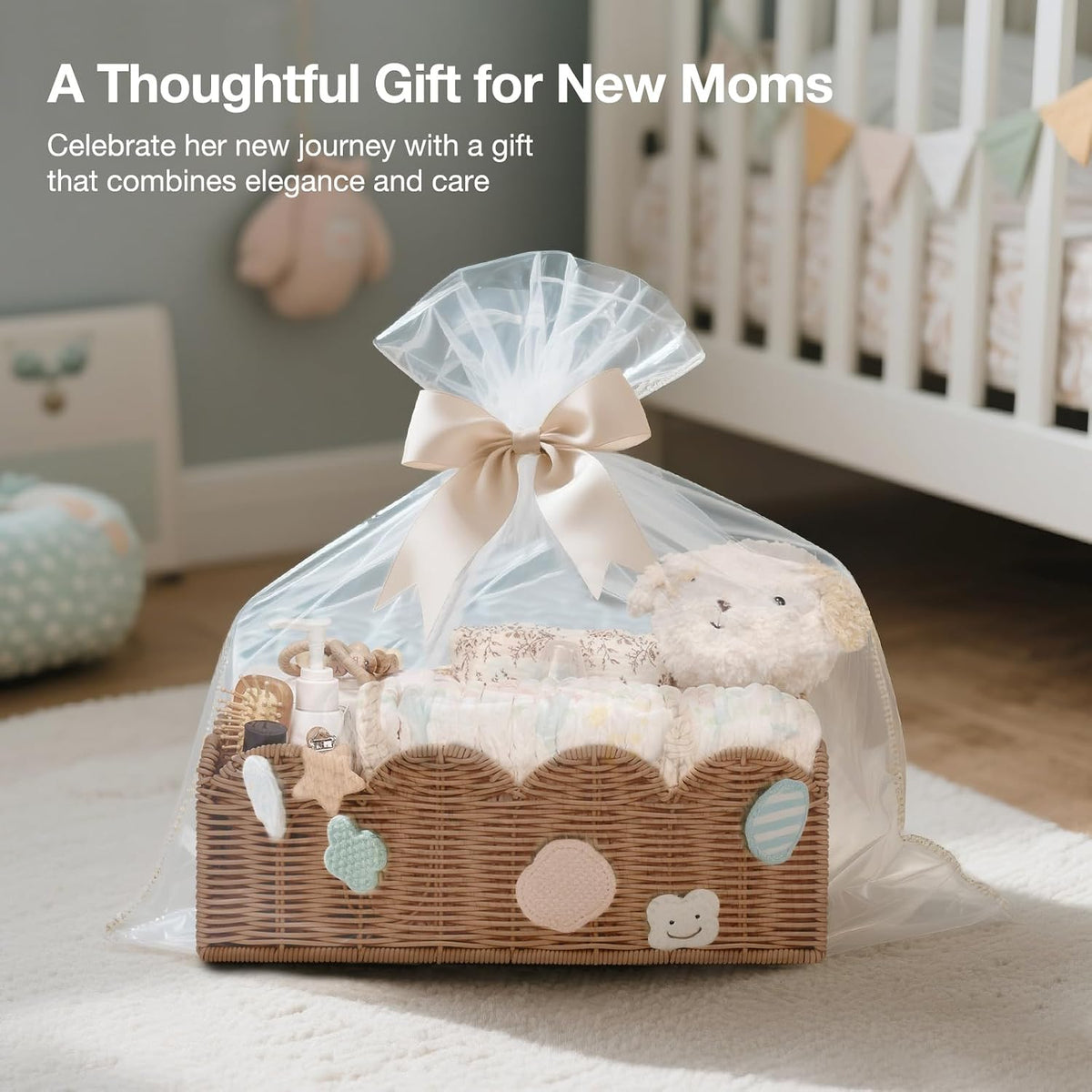 Wicker Diaper Caddy Organizer, Rattan Baby Basket, Flesh Tone, L