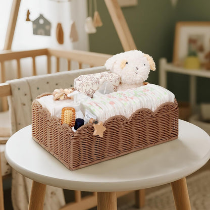 Wicker Diaper Caddy Organizer, Rattan Baby Basket, Flesh Tone, L