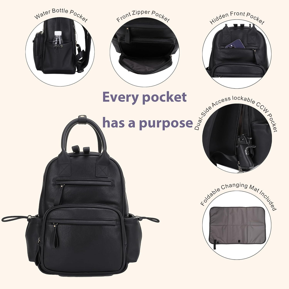 Saturday EDC Diaper Bag Backpack Multi Function Diaper Bag with Changing Pad & Stroller Straps_Brown