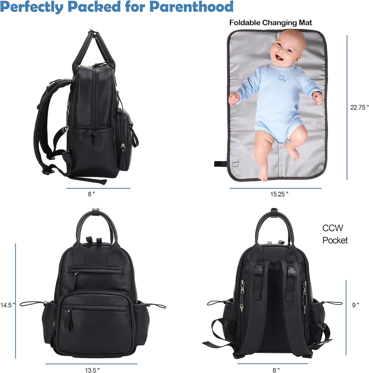 Saturday EDC Diaper Bag Backpack Multi Function Diaper Bag with Changing Pad & Stroller Straps_Brown