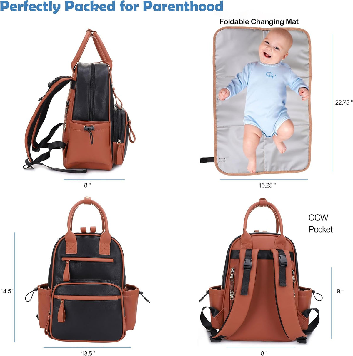 Saturday EDC Diaper Bag Backpack Multi Function Diaper Bag with Changing Pad & Stroller Straps_Brown