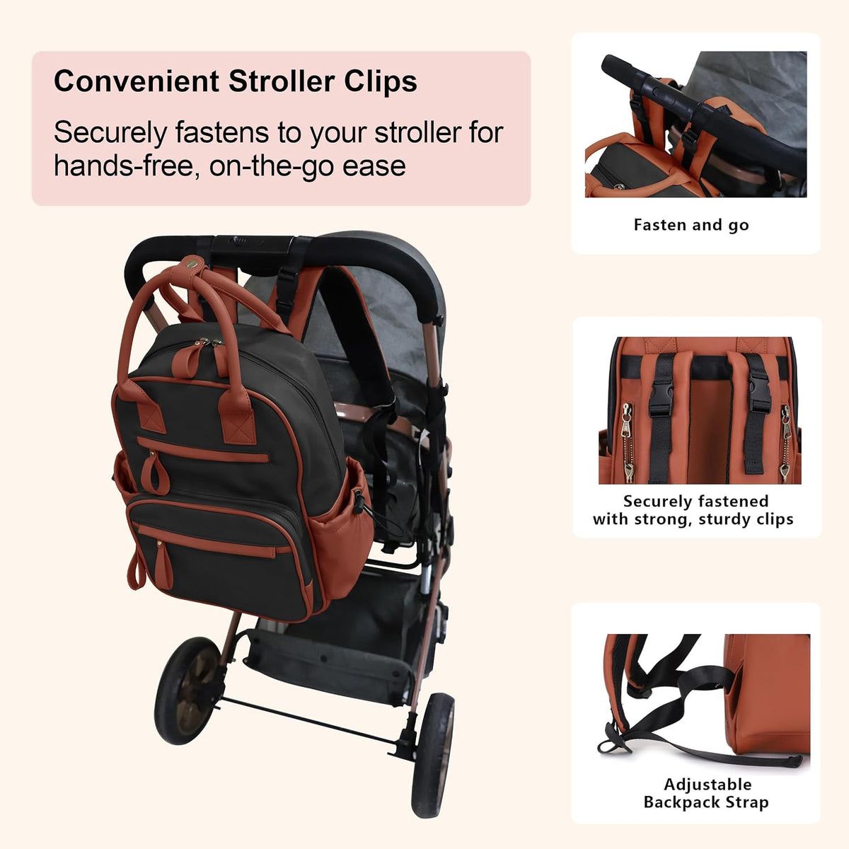 Saturday EDC Diaper Bag Backpack Multi Function Diaper Bag with Changing Pad & Stroller Straps_Brown