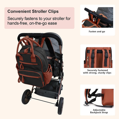 Saturday EDC Diaper Bag Backpack Multi Function Diaper Bag with Changing Pad & Stroller Straps_Brown
