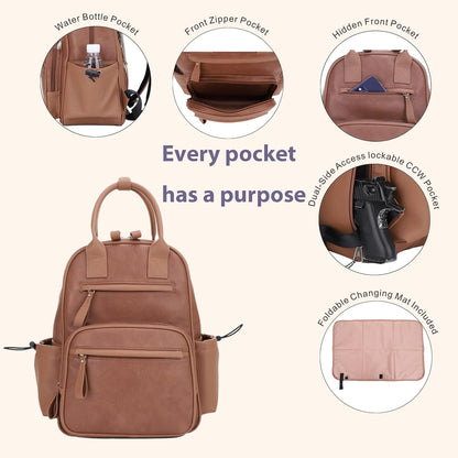 Saturday EDC Diaper Bag Backpack Multi Function Diaper Bag with Changing Pad & Stroller Straps_Brown