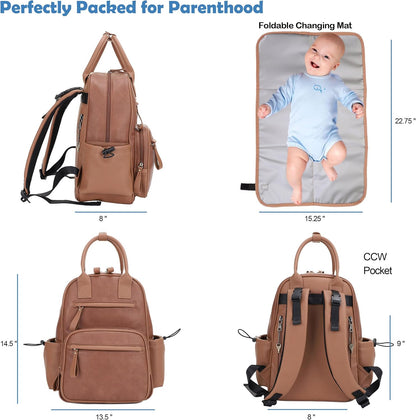 Saturday EDC Diaper Bag Backpack Multi Function Diaper Bag with Changing Pad & Stroller Straps_Brown