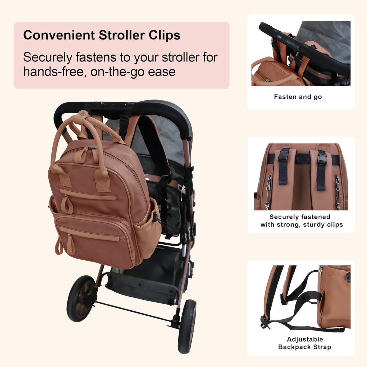 Saturday EDC Diaper Bag Backpack Multi Function Diaper Bag with Changing Pad & Stroller Straps_Brown